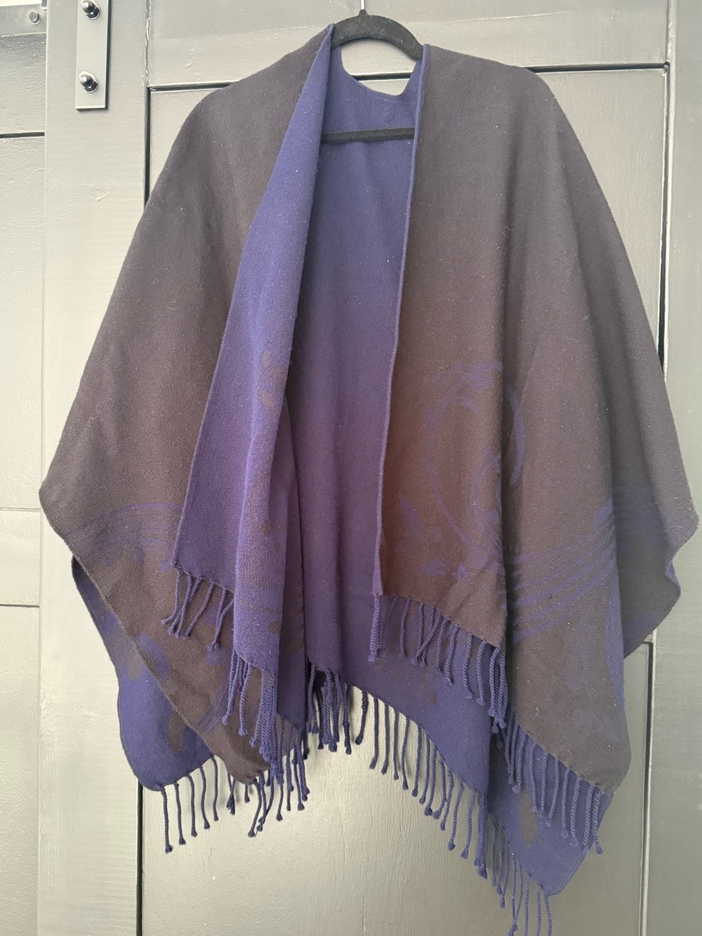 Black and navy blue reversible warm shawl fringed wrap poncho